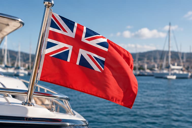 British Red Ensign flying from a yacht moored in a marina