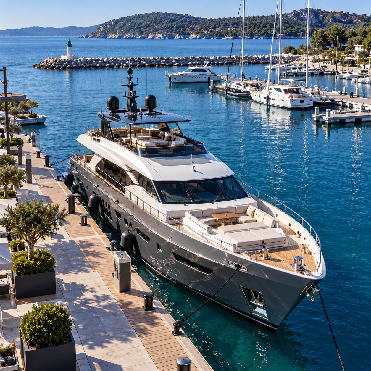 Motor yacht moored alongside a marina quay, with sailing yachts in the harbour behind